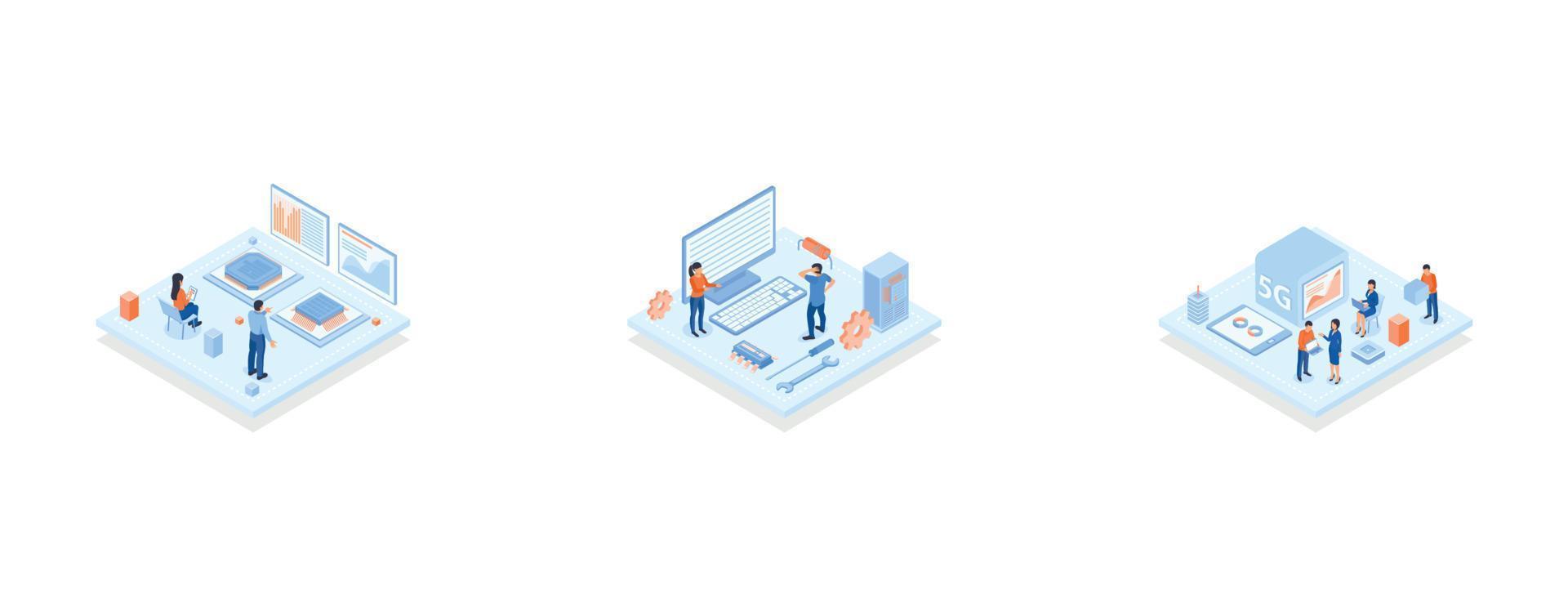 personnes et écrans avec mesures ou indicateurs de performance des microprocesseurs, personnes réparant un circuit intégré ou une micropuce à l'intérieur de l'unité système, scène pour les réseaux mobiles utilisant la norme technologique 5g, vecteur