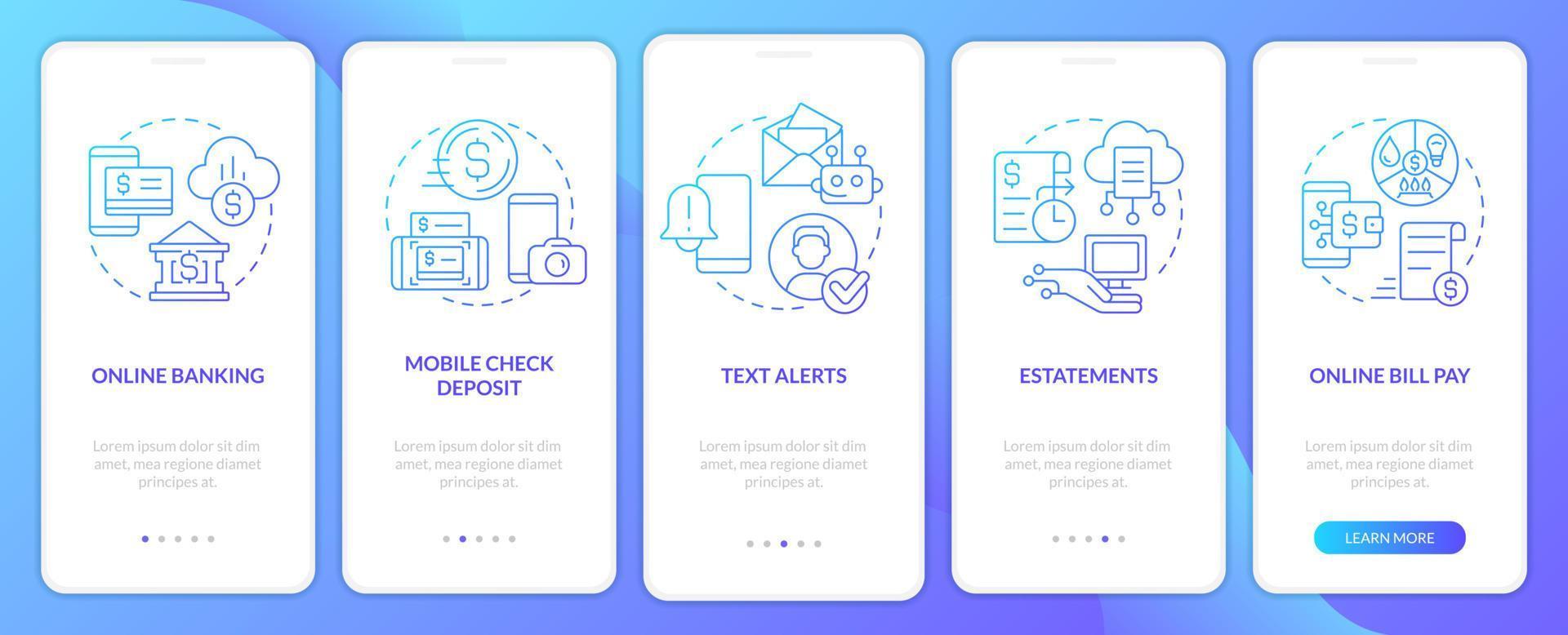 écran d'application mobile d'intégration de dégradé bleu bancaire de numérisation. procédure pas à pas technologique instructions graphiques en 5 étapes avec des concepts linéaires. ui, ux, modèle d'interface graphique. vecteur