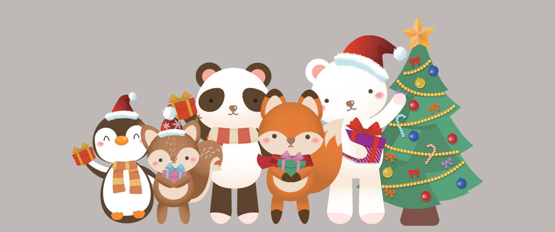 animaux mignons avec arbre de noël et cadeaux sur fond clair vecteur