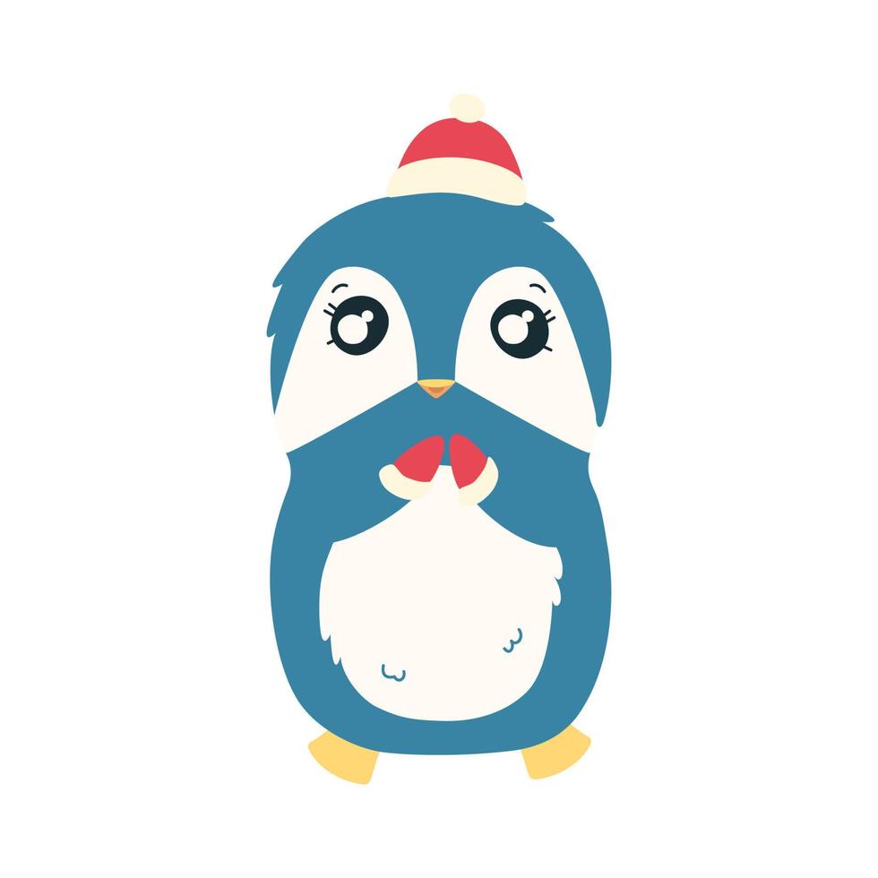 pingouin en mitaines rouges et chapeau. joli personnage de pingouin de noël. illustration vectorielle vecteur