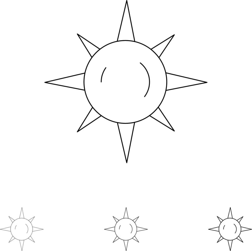 jeu d'icônes de ligne noire audacieuse et fine au soleil vecteur