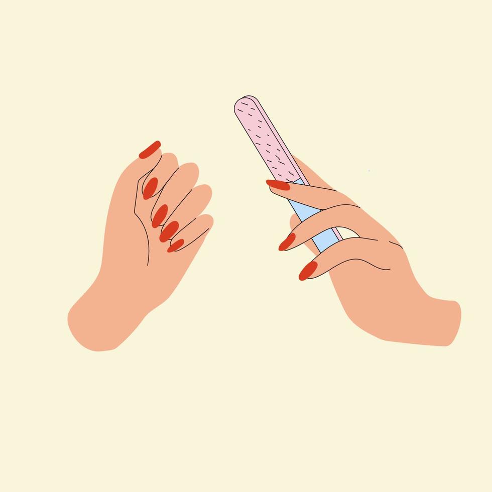 mains manucurées féminines. polissage des ongles. lime à ongles. concept de beauté de traitement spa. illustration vectorielle tendance colorée dessinée à la main. tous les éléments sont isolés vecteur