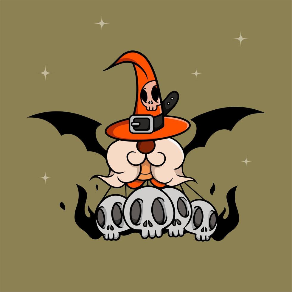 gnome vectoriel halloween en chapeau avec aile de chauve-souris et crânes qui émettent un feu ardent. La charité s'il-vous-plaît. isolé sur fond de couleur