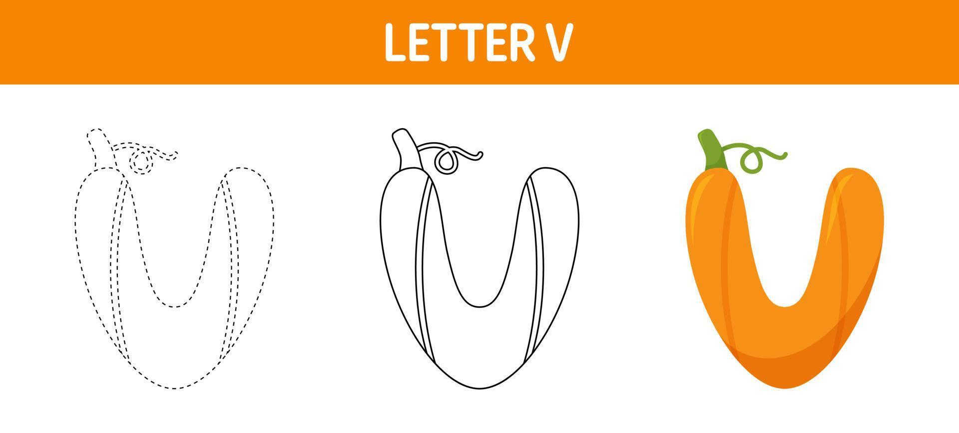 feuille de travail de traçage et de coloriage de citrouille lettre v pour les enfants vecteur