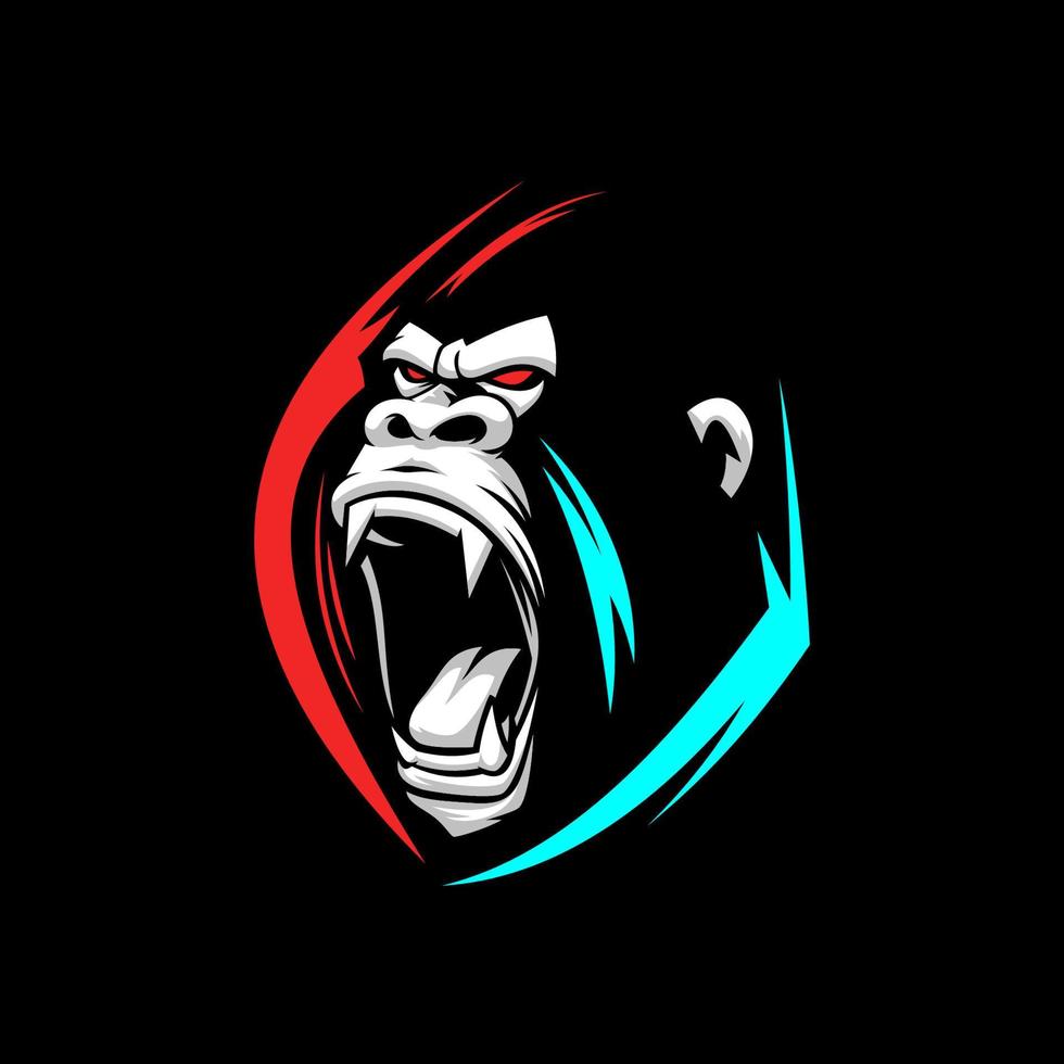 logo emblème esport mascotte gorille en colère avec couleur glitch. illustration de l'expression faciale du gorille. vecteur