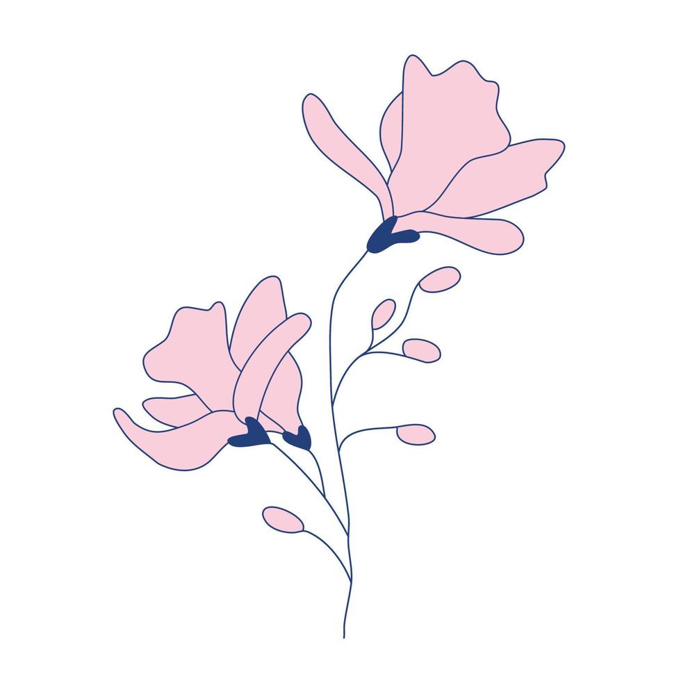 branche de magnolia avec bourgeons et fleurs, conception florale de couleur botanique. motifs floraux pour la couverture d'art mural d'impression de tatouage. illustration vectorielle simple subtile élégante esthétique. vecteur