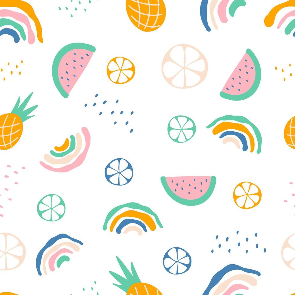 motif boho abstrait harmonieux avec ananas pastèque tranché arc-en-ciel d'agrumes secs, fond d'enfants d'été. couverture, papier d'emballage, carte, illustration vectorielle d'affiche vecteur