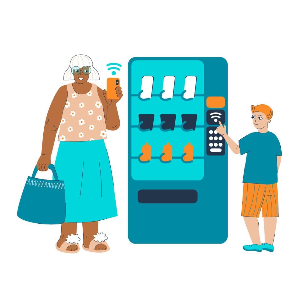 paiement sans contact des grands-parents à l'aide d'un téléphone portable. grand-mère senior jeune garçon smartphone sans carte payer. femme de la génération âgée nouvelles technologies. distributeur automatique pour les anciens et les adolescents. illustration vectorielle. vecteur