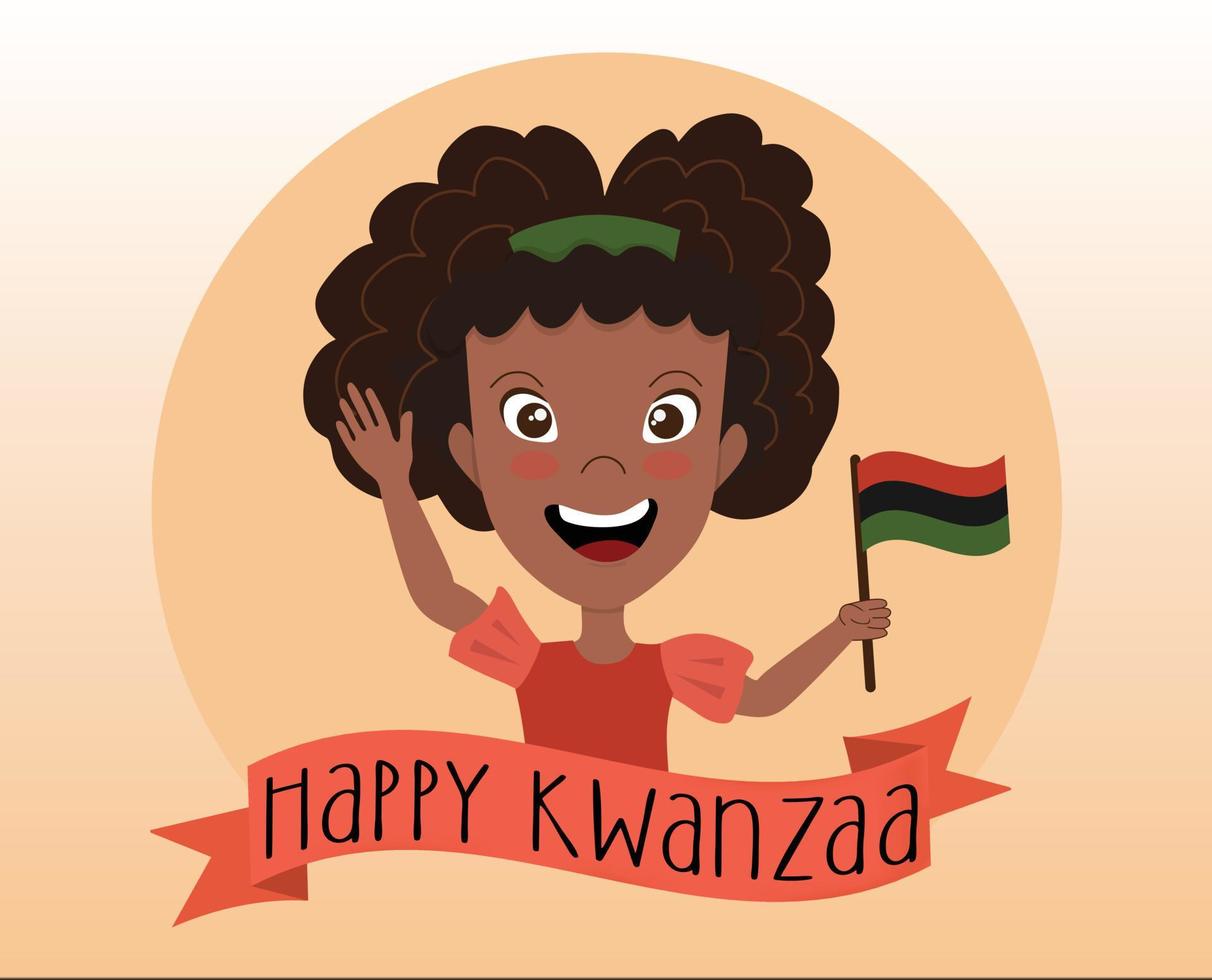 heureuse fille afro-américaine tenant le drapeau kwanzaa - rouge, noir, vert. célébrant un personnage souriant mignon. joyeux ruban kwanzaa avec texte. vecteur
