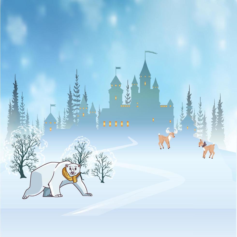 paysage d'hiver de noël avec château de conte de fées et animal vecteur