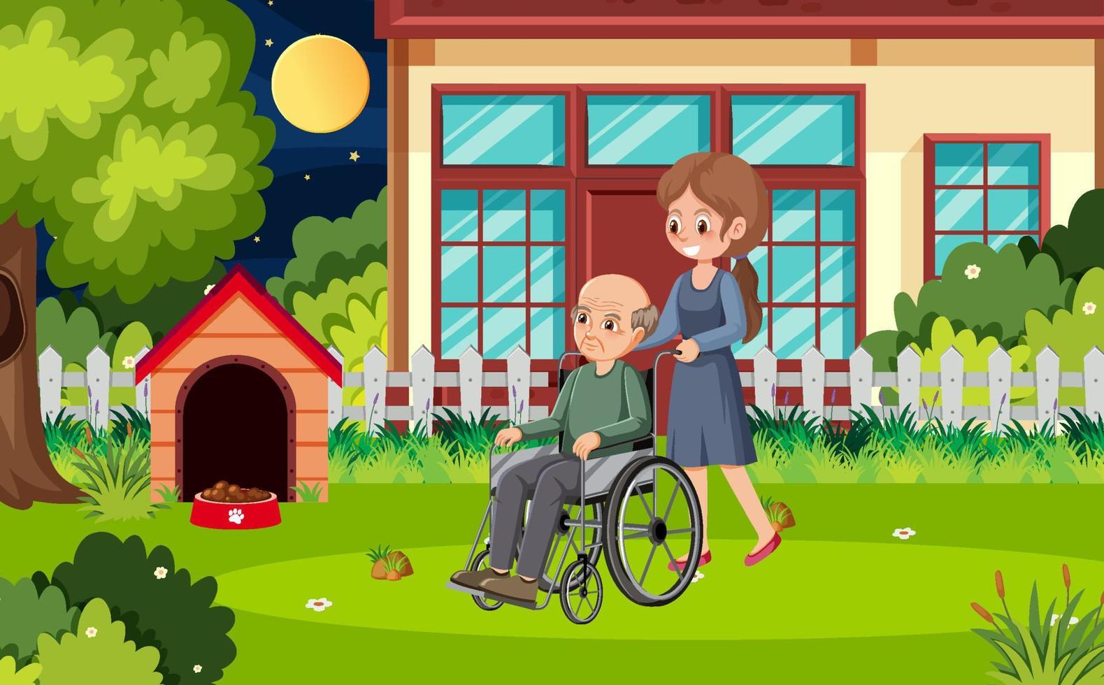 patient âgé en fauteuil roulant avec soignant vecteur