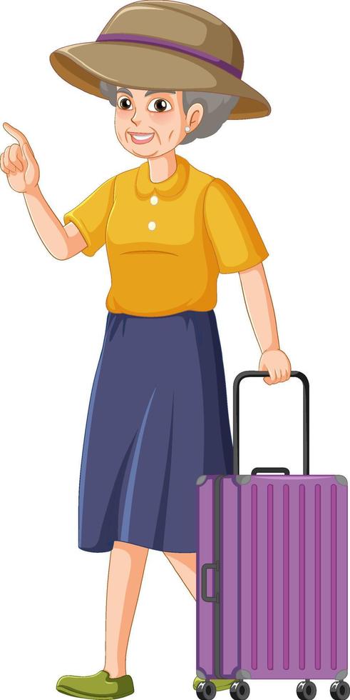 un personnage de dessin animé senior féminin avec des bagages de voyage vecteur