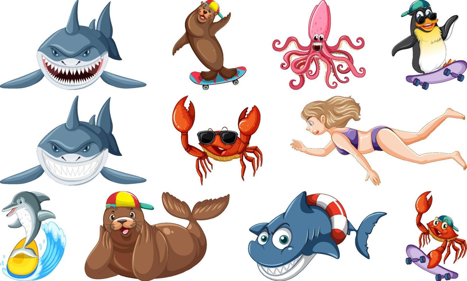 ensemble de divers personnages de dessins animés d'animaux marins vecteur