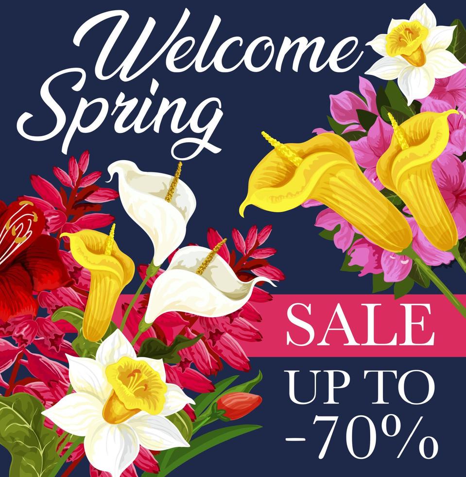 bannière d'offre de vente de printemps avec fleur et ruban vecteur