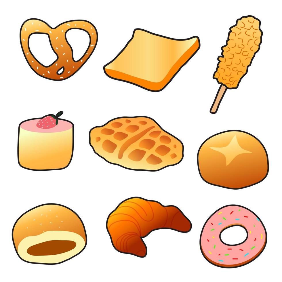 jeu d'icônes vectorielles boulangerie. comme les beignets, les croissants, les biscuits. fond isolé. vecteur