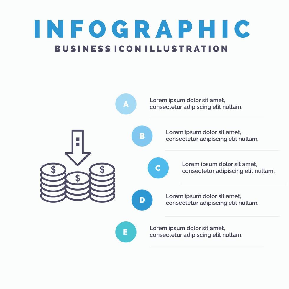 pièces de monnaie argent comptant flèche vers le bas icône de ligne avec 5 étapes présentation infographie fond vecteur