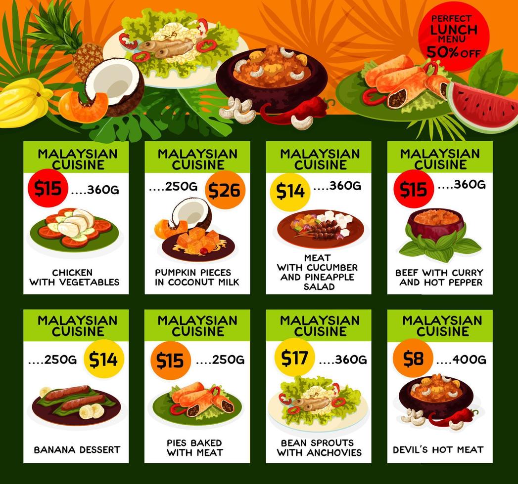 menu de prix de vecteur pour le déjeuner de cuisine malaisienne