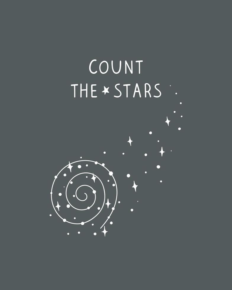 affiche spatiale dessinée à la main avec lettrage, galaxie spirale et étoiles. illustration de cosmos dans un style enfantin vecteur