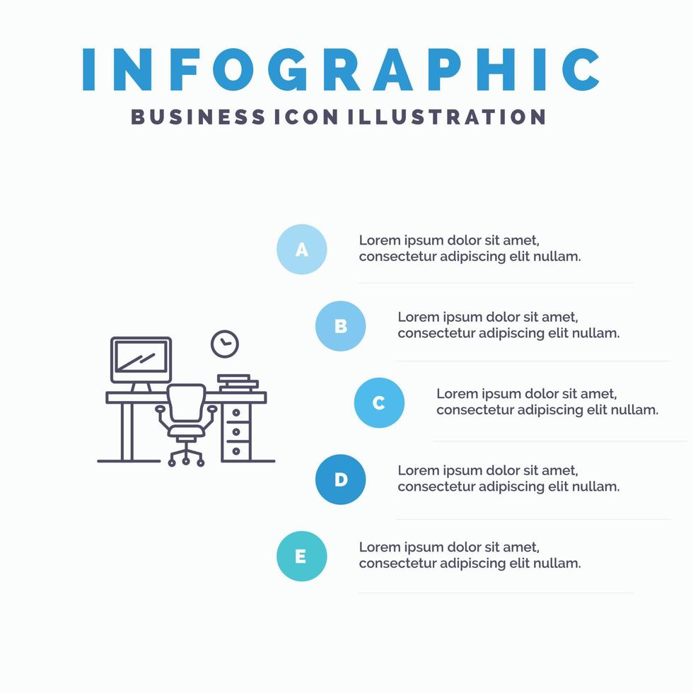 icône de ligne de salle de table de bureau de chaise d'espace de bureau avec fond d'infographie de présentation en 5 étapes vecteur