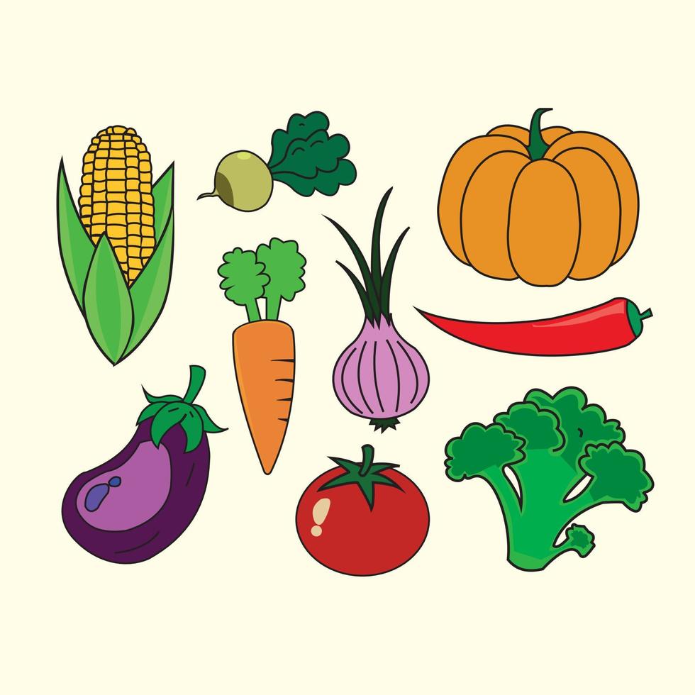 différents types de légumes de couleur isolés. y compris le maïs, les tomates, le chou, les piments, la citrouille, les aubergines et les oignons vecteur