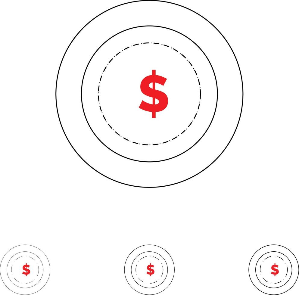jeu d'icônes de ligne noire audacieuse et mince en dollar américain vecteur
