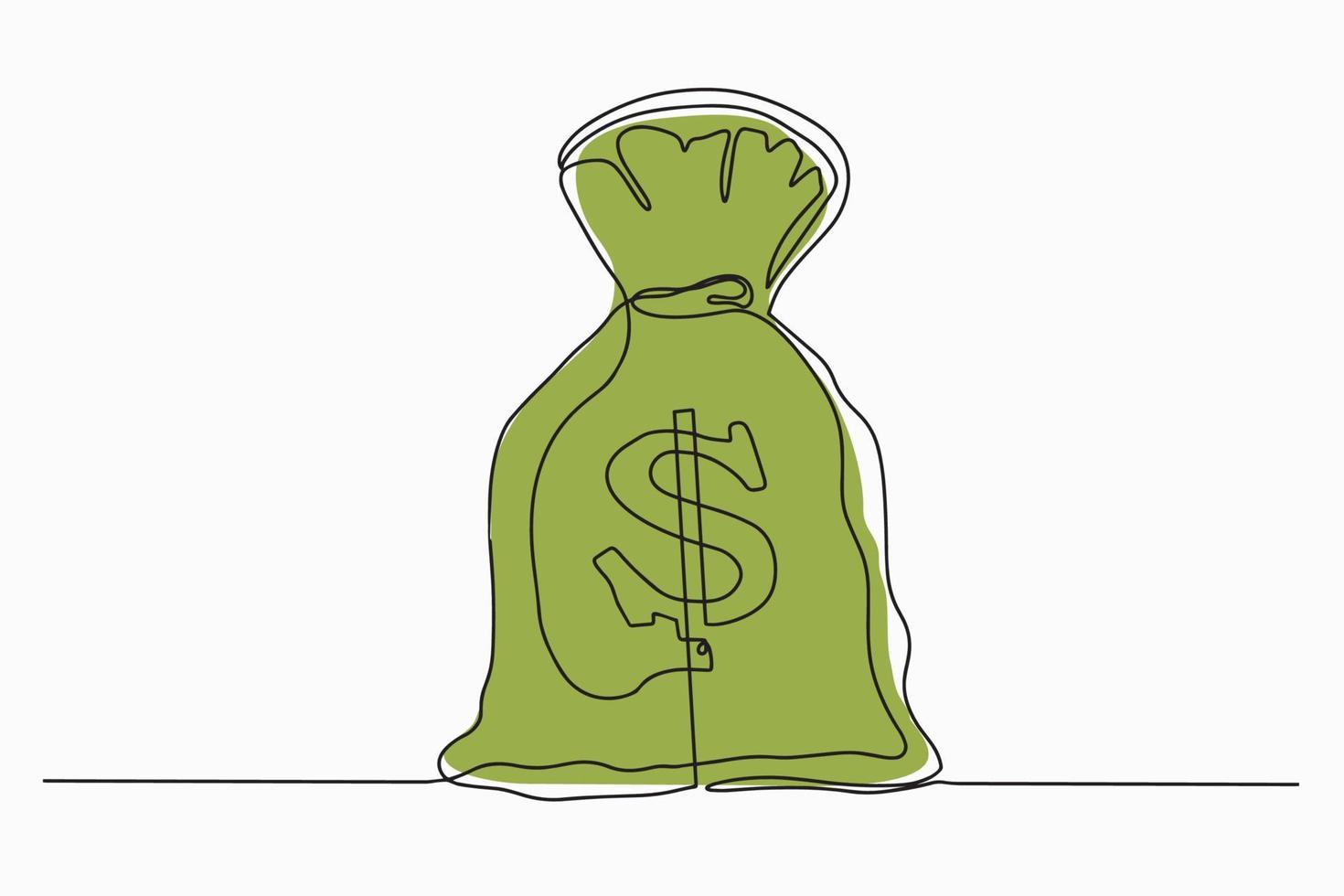 un dessin au trait. icône de vecteur de sac d'argent, illustration de dessin animé de ligne mono plat sac d'argent avec signe dollar isolé sur fond blanc.