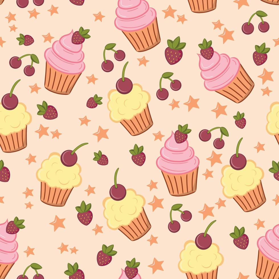 motif de fond avec cupcakes, cerises et fraises. vecteur