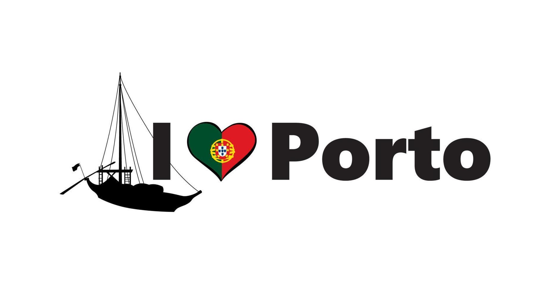 bannière horizontale de la ville de portugal. lettrage j'aime porto avec drapeau national portugais, bateau et coeur d'amour. modèle vectoriel pour votre conception.