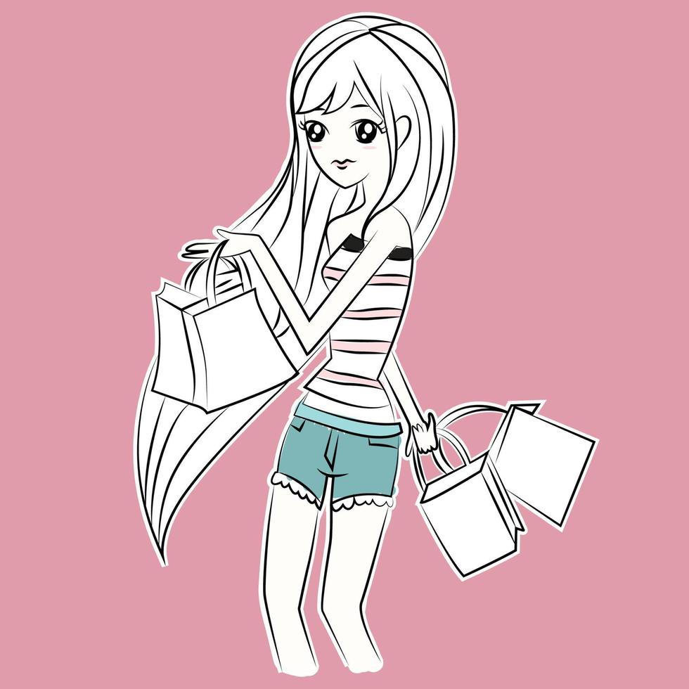 vecteur de shopping dessin animé fille mignonne heureuse