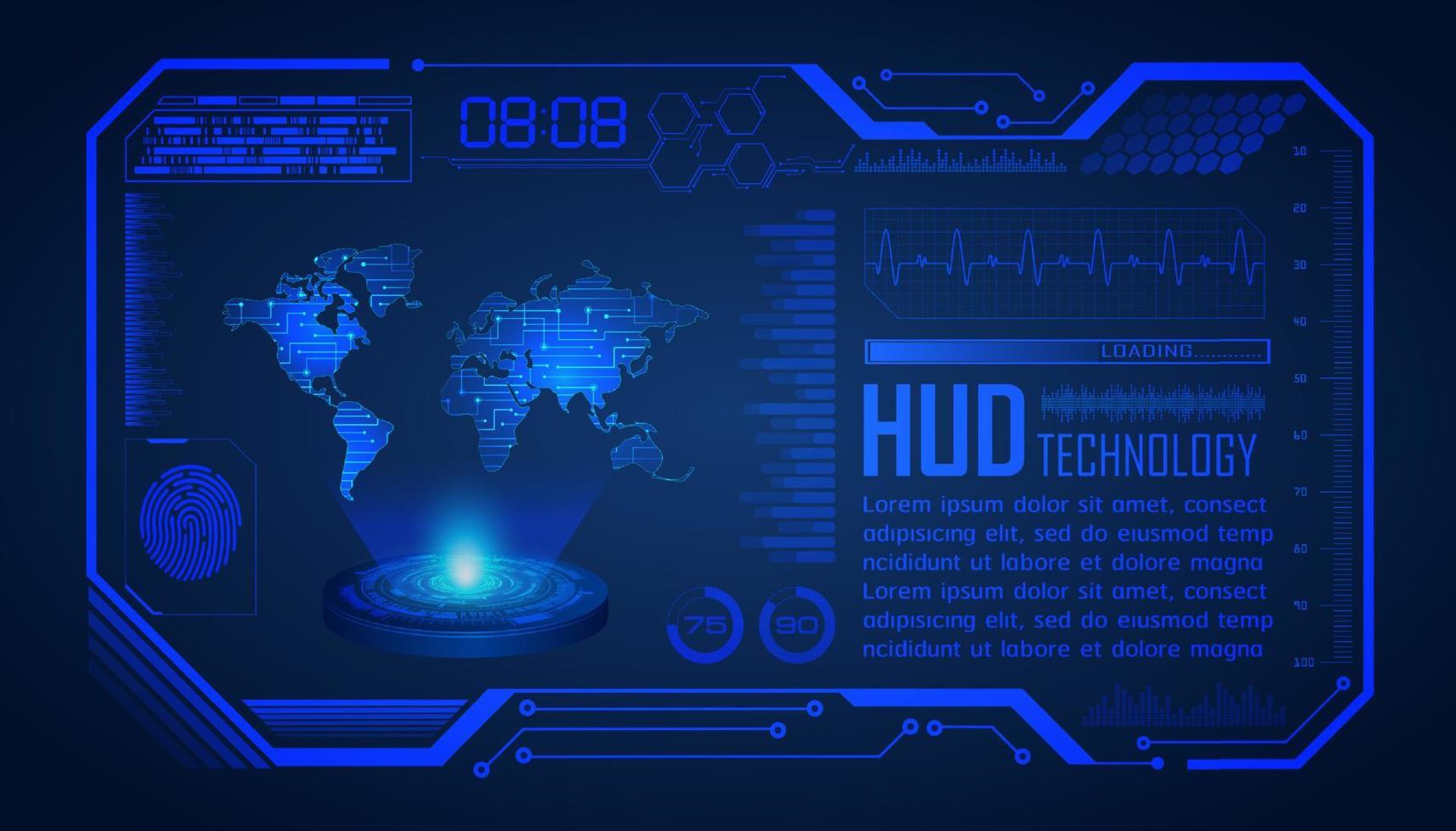 projecteur holographique de carte du monde moderne sur fond de technologie vecteur