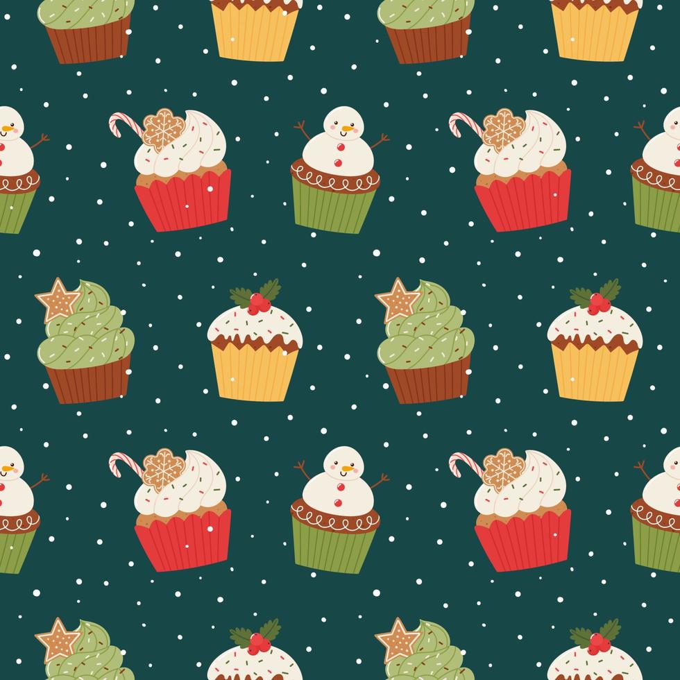 modèle sans couture de cupcakes de noël. modèle sans couture dans un style cartoon plat sur un fond vert foncé. illustration vectorielle vecteur