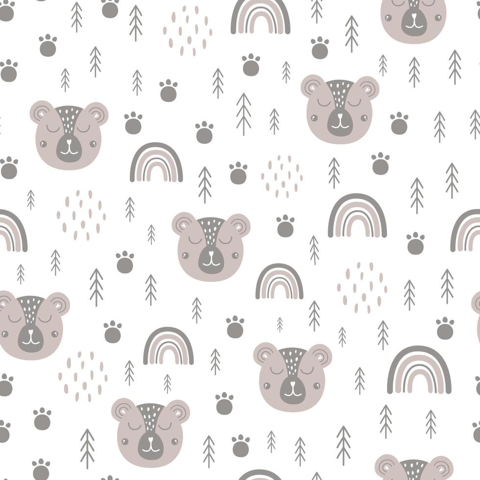 motif d'ours des bois visage d'animal scandinave, bébé arc-en-ciel. surface de la faune mignonne enfants fond d'ours tribal, tissu, design textile, concept de forêt. illustration vectorielle rustique. couleur grise. vecteur