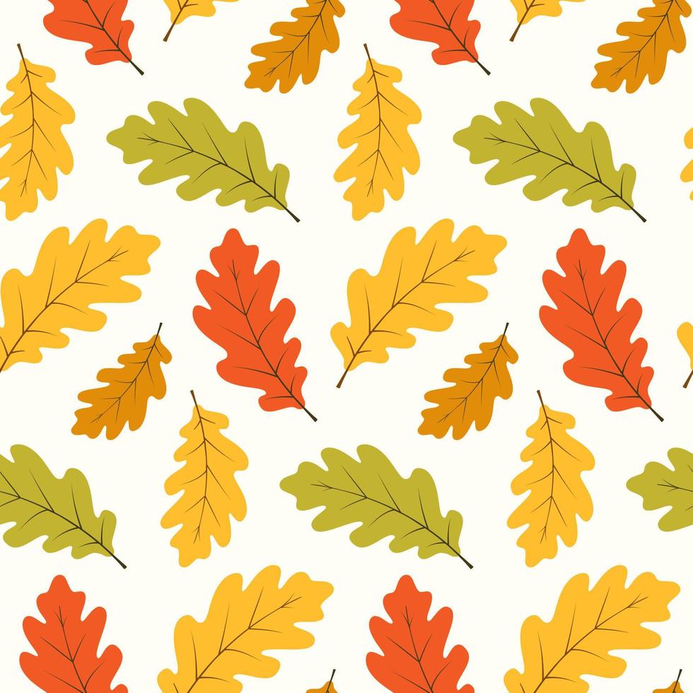 modèle sans couture avec des feuilles de chêne. illustration vectorielle dessinée à la main dans des couleurs chaudes. arrière-plan pour les vacances de récolte d'automne, action de grâces, halloween, saisonnier, textile, scrapbooking. vecteur