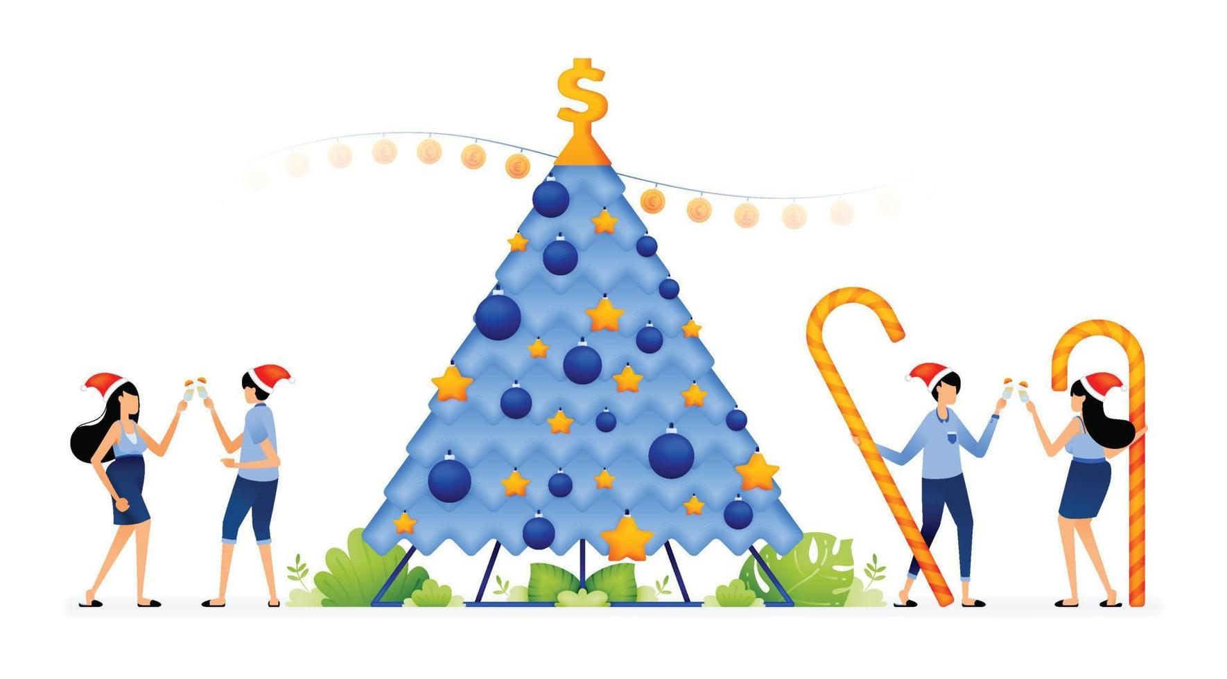 illustration de personnes faisant la fête et portant un toast pour noël avec un arbre décoré d'étoiles, de lumières et de dollars. conçu pour le site Web, la page de destination, le dépliant, la bannière, les applications, la brochure, la startup media company vecteur