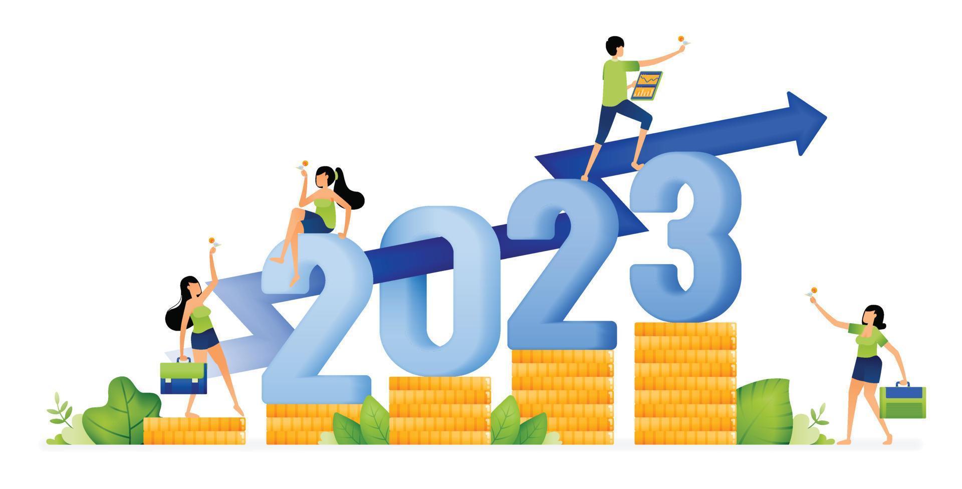 illustration de personnes célébrant la nouvelle année 2022 à 2023 dans l'espoir d'atteindre des objectifs d'investissement. conçu pour le site Web, la page de destination, le dépliant, la bannière, les applications, la brochure, la startup media company vecteur