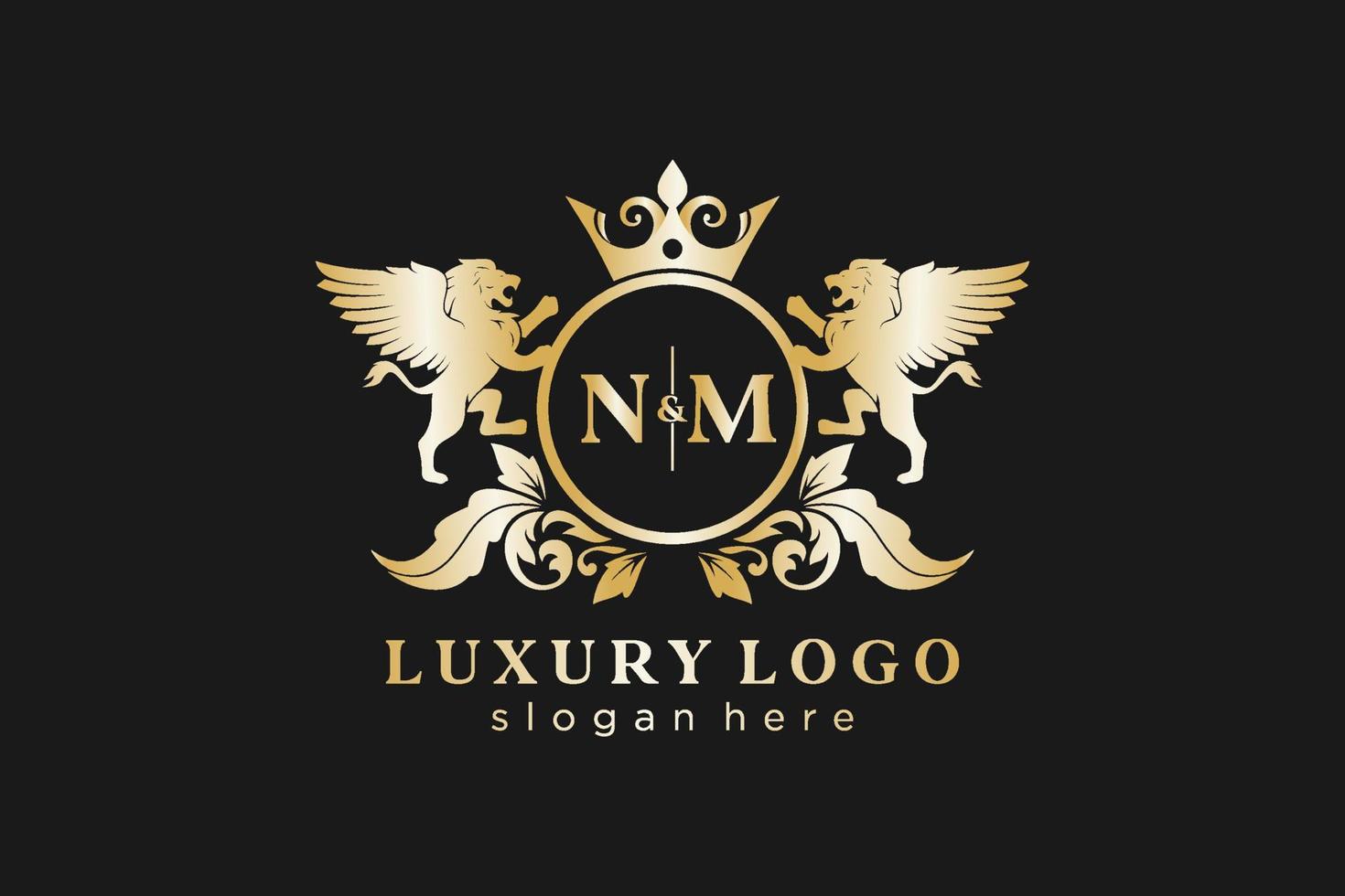 modèle initial de logo de luxe nm lettre lion royal dans l'art vectoriel pour le restaurant, la royauté, la boutique, le café, l'hôtel, l'héraldique, les bijoux, la mode et d'autres illustrations vectorielles.