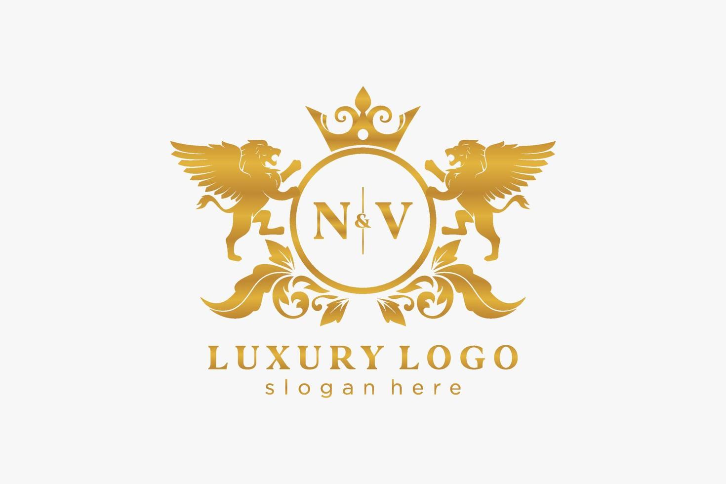 modèle initial de logo de luxe nv lettre lion royal dans l'art vectoriel pour le restaurant, la royauté, la boutique, le café, l'hôtel, l'héraldique, les bijoux, la mode et d'autres illustrations vectorielles.