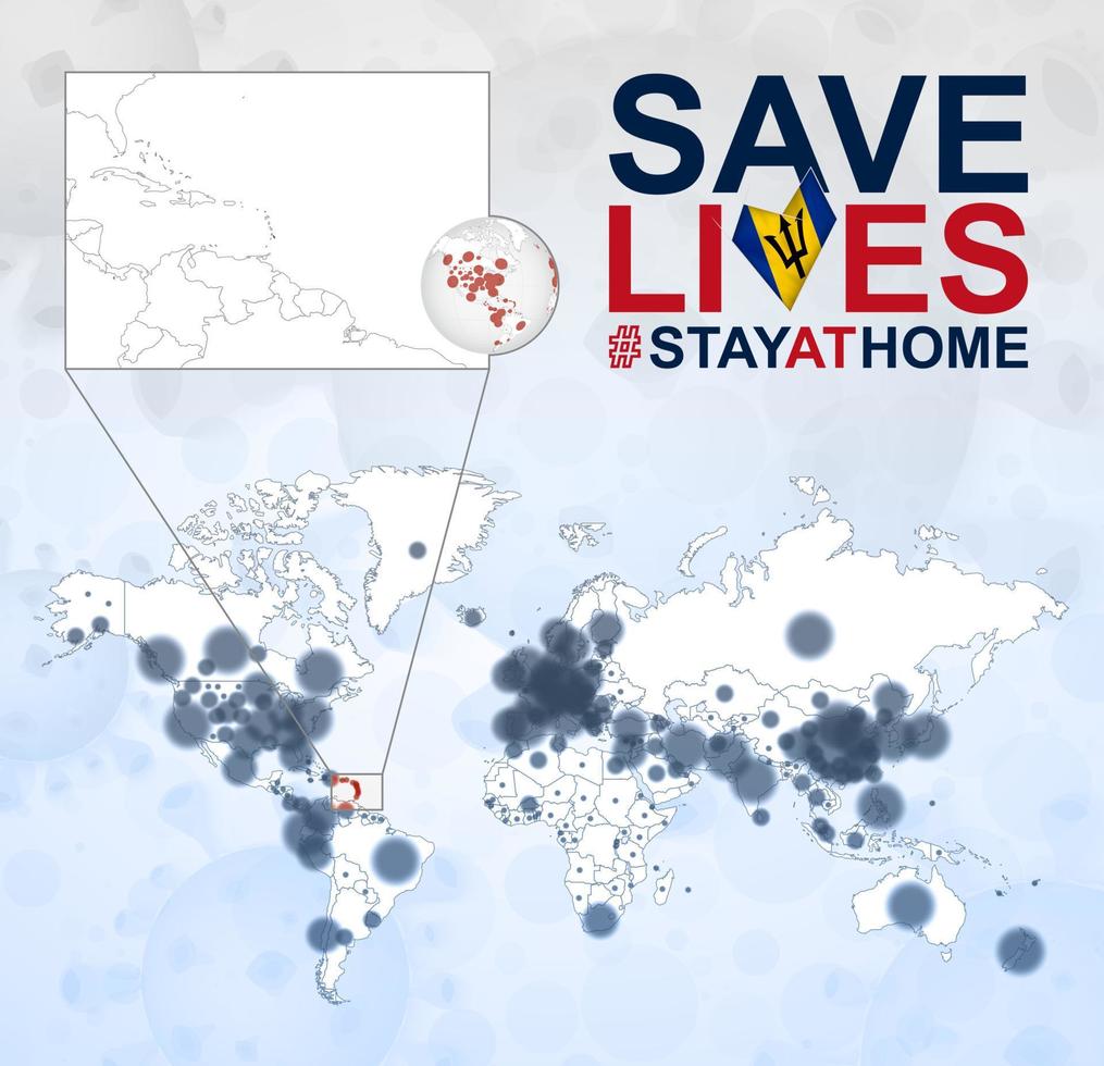carte du monde avec des cas de coronavirus se concentrant sur la barbade, maladie covid-19 à la barbade. le slogan sauve des vies avec le drapeau de la barbade. vecteur