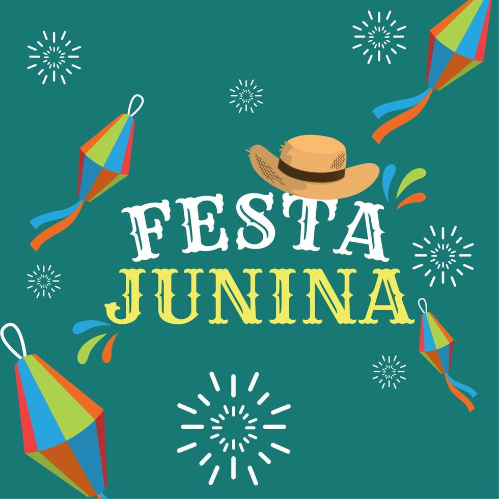 affiche colorée de festa junina avec texte chapeau et décorations illustration vectorielle vecteur