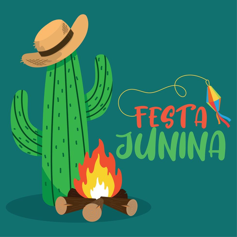 cactus avec un chapeau et un feu de camp festa junina affiche illustration vectorielle vecteur