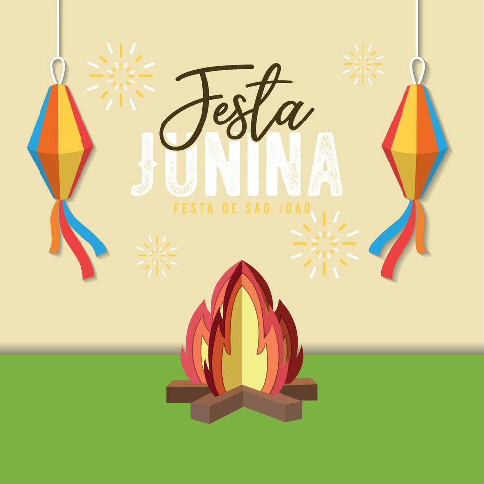 feu de camp 3d avec décorations festa junina affiche illustration vectorielle vecteur