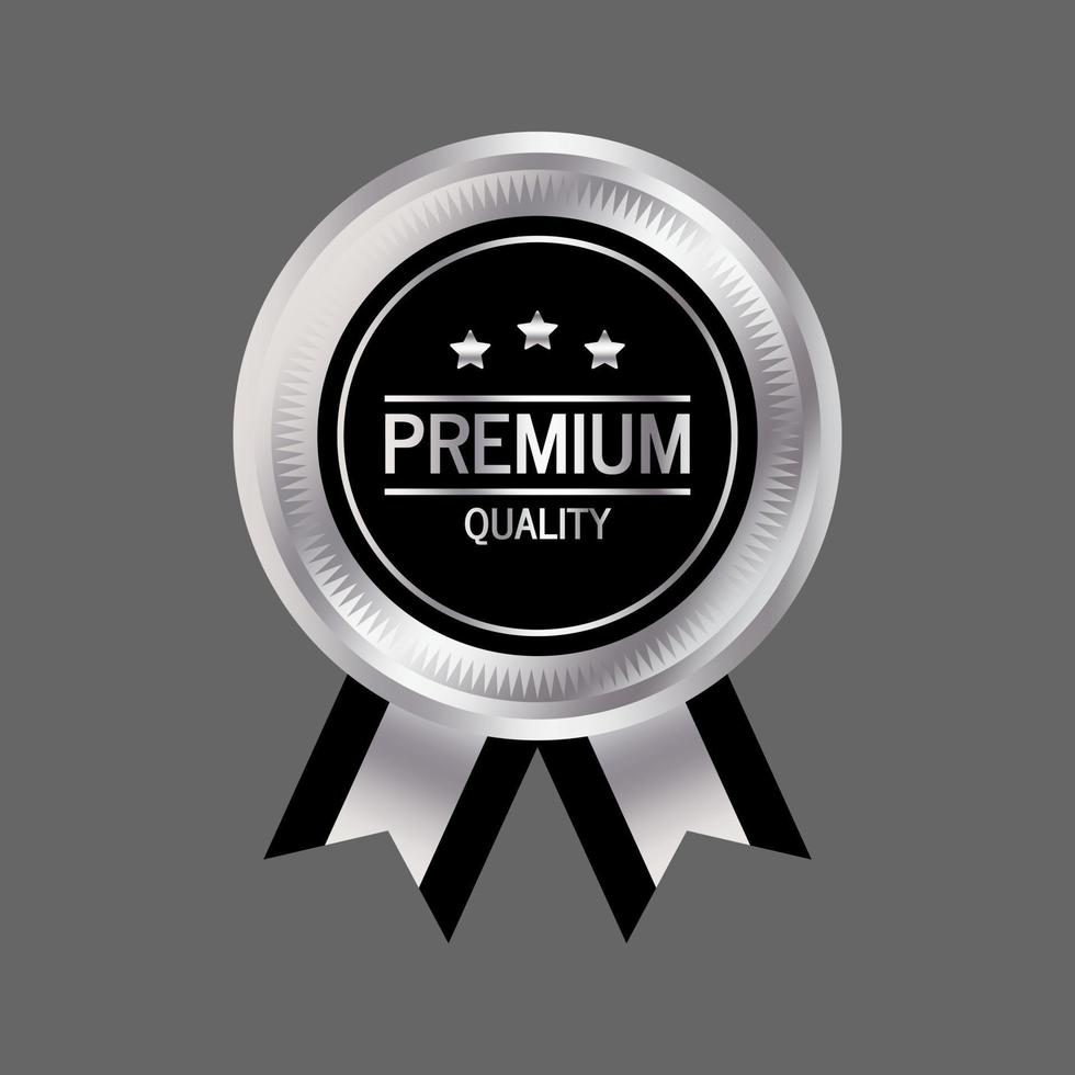 badge emblème de qualité supérieure avec couleur argent et ruban noir vecteur