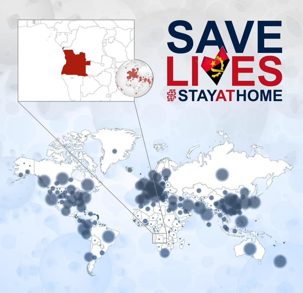 carte du monde avec des cas de coronavirus se concentrant sur l'angola, maladie covid-19 en angola. le slogan sauve des vies avec le drapeau de l'angola. vecteur