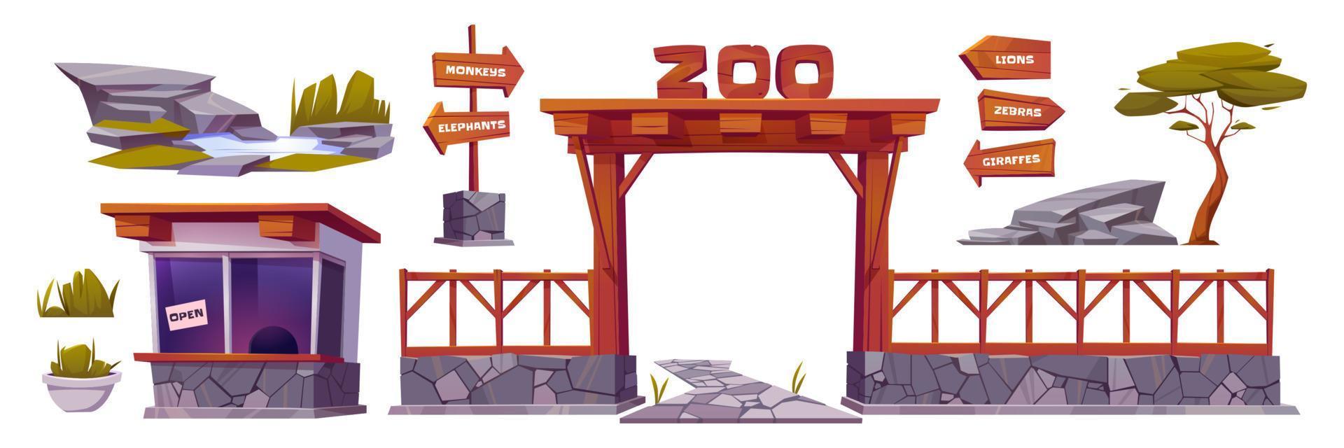 ensemble de vecteurs de dessin animé d'éléments de paysage de zoo isolés vecteur