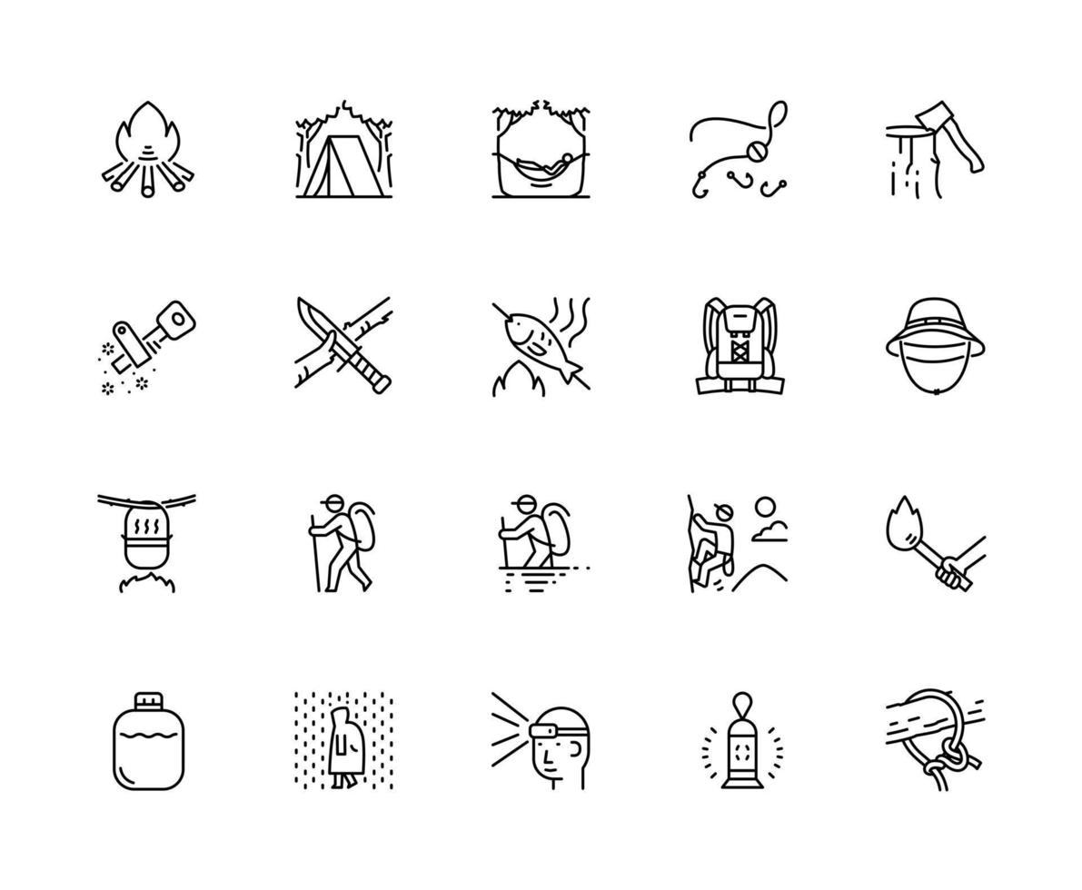 ensemble d'icônes de camping et de randonnée, conception simple de dessins au trait vecteur