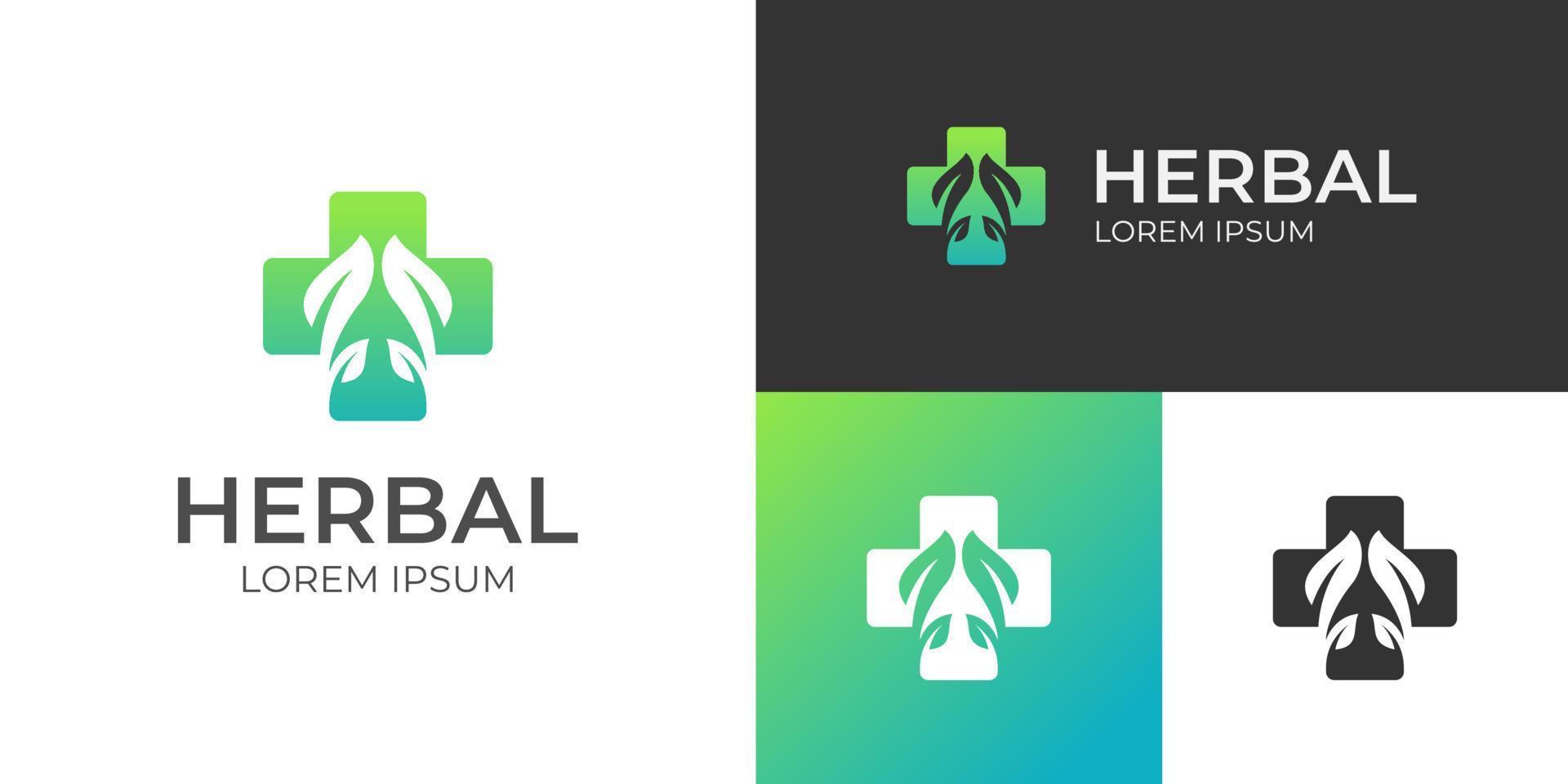 conception de logo de croix médicale et de pharmacie de santé avec logo de feuille pour la conception d'icône de logo de santé à base de plantes, nature vecteur