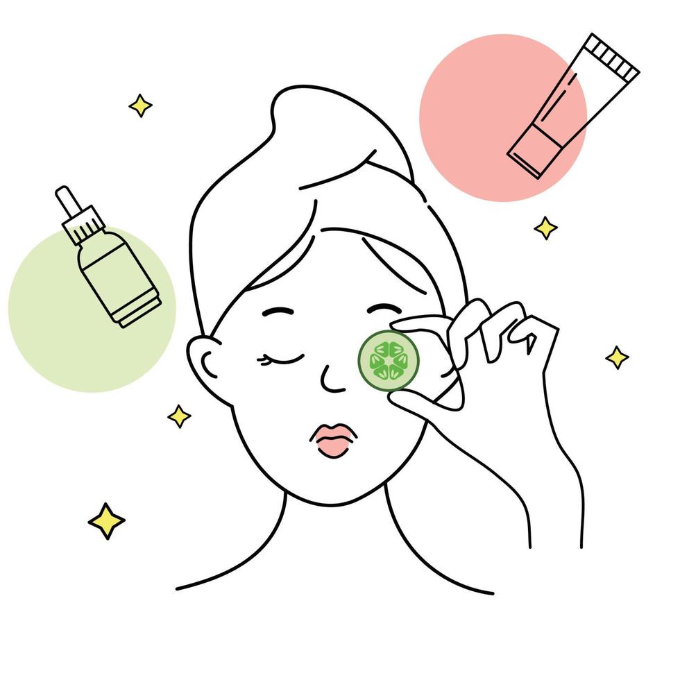 jolie femme faisant des procédures de soins de la peau avec des soins de concombre.skin pour la conception de personnage de fille des procédures de soins de vector.skin. le concept de nettoyage du visage, de masque, d'hydratation et de démaquillage. vecteur