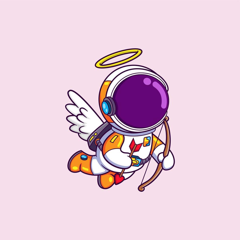 l'astronaute cupidon vole dans le ciel tout en portant un arc avec une flèche d'amour vecteur