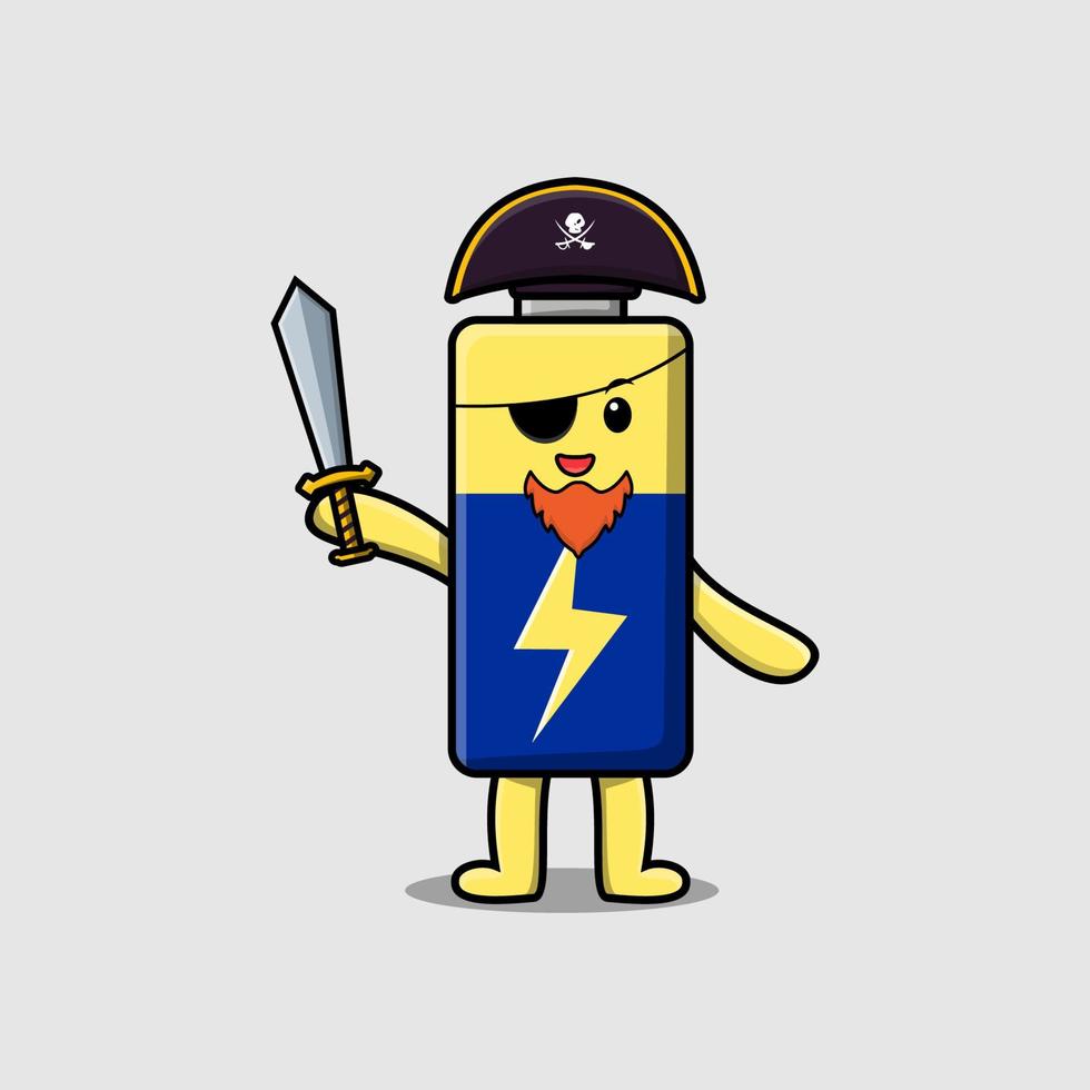 mignon, dessin animé, mascotte, batterie, pirate, tenue, épée vecteur