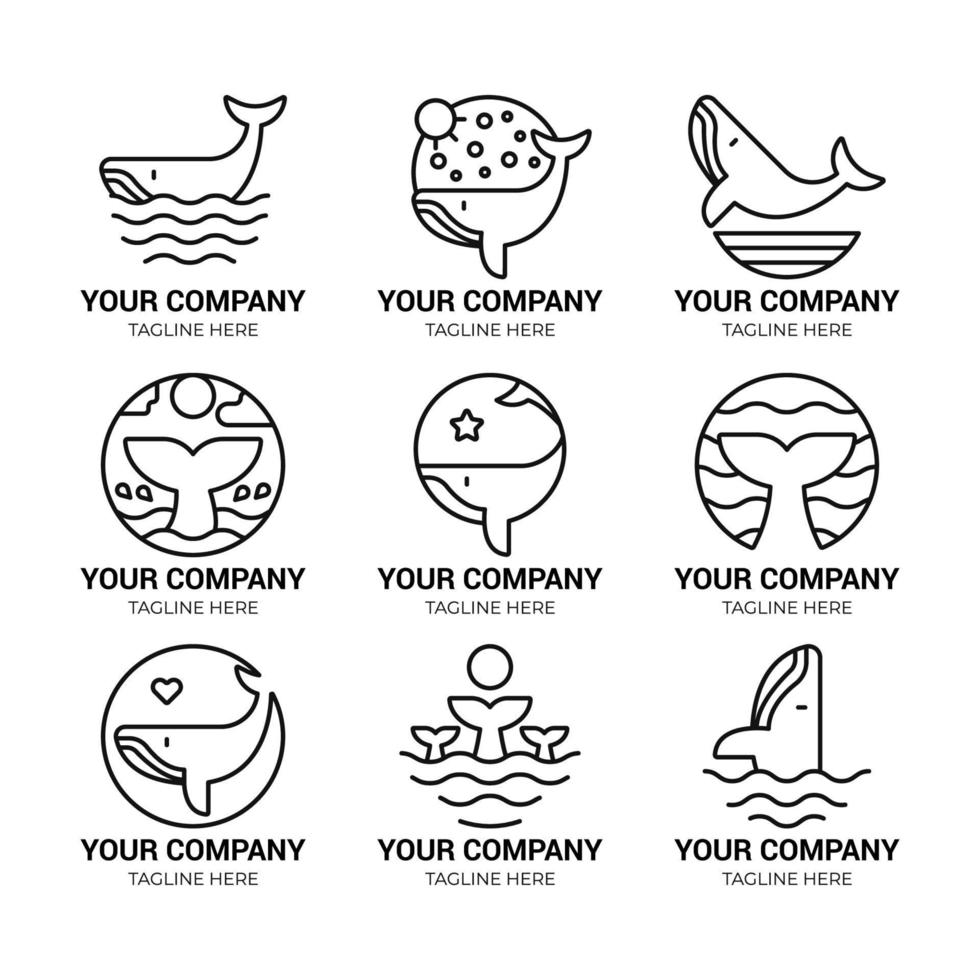création de logo d'art de ligne de collection de baleine et vague de mer vecteur